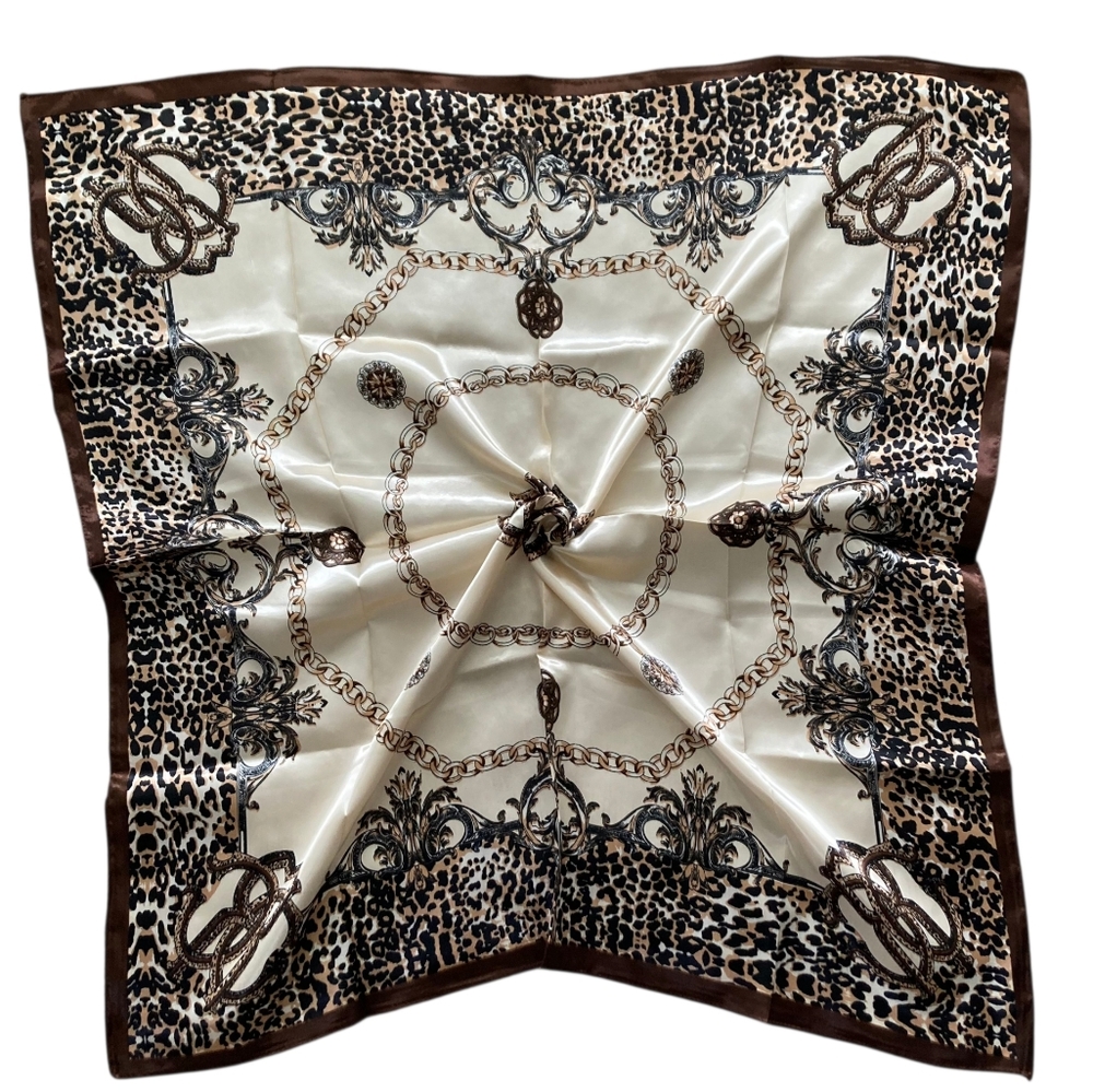 Oversized Square Satin Scarf Leopard Print Gold Chain Equestrian Old Money💖